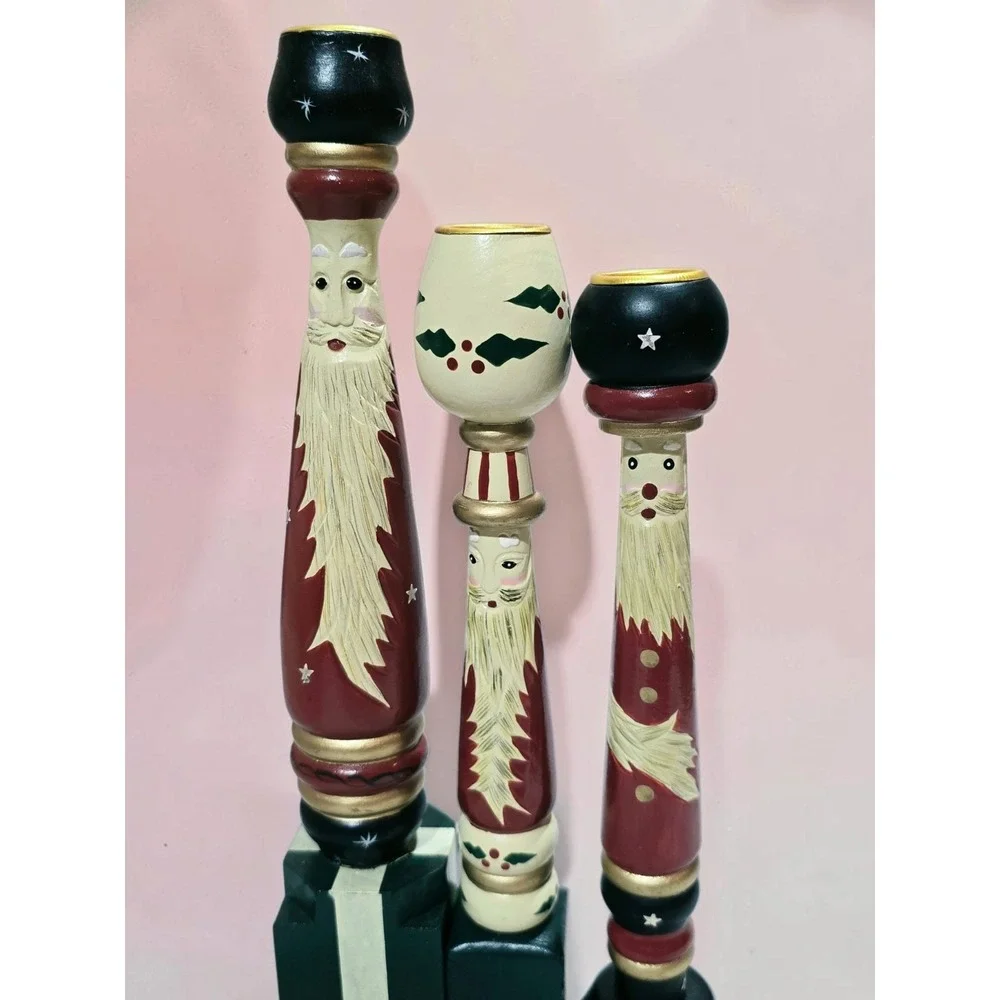 Set of 3 HOUSE OF LLOYD Christmas Around The World Wooden Candlestick Holders